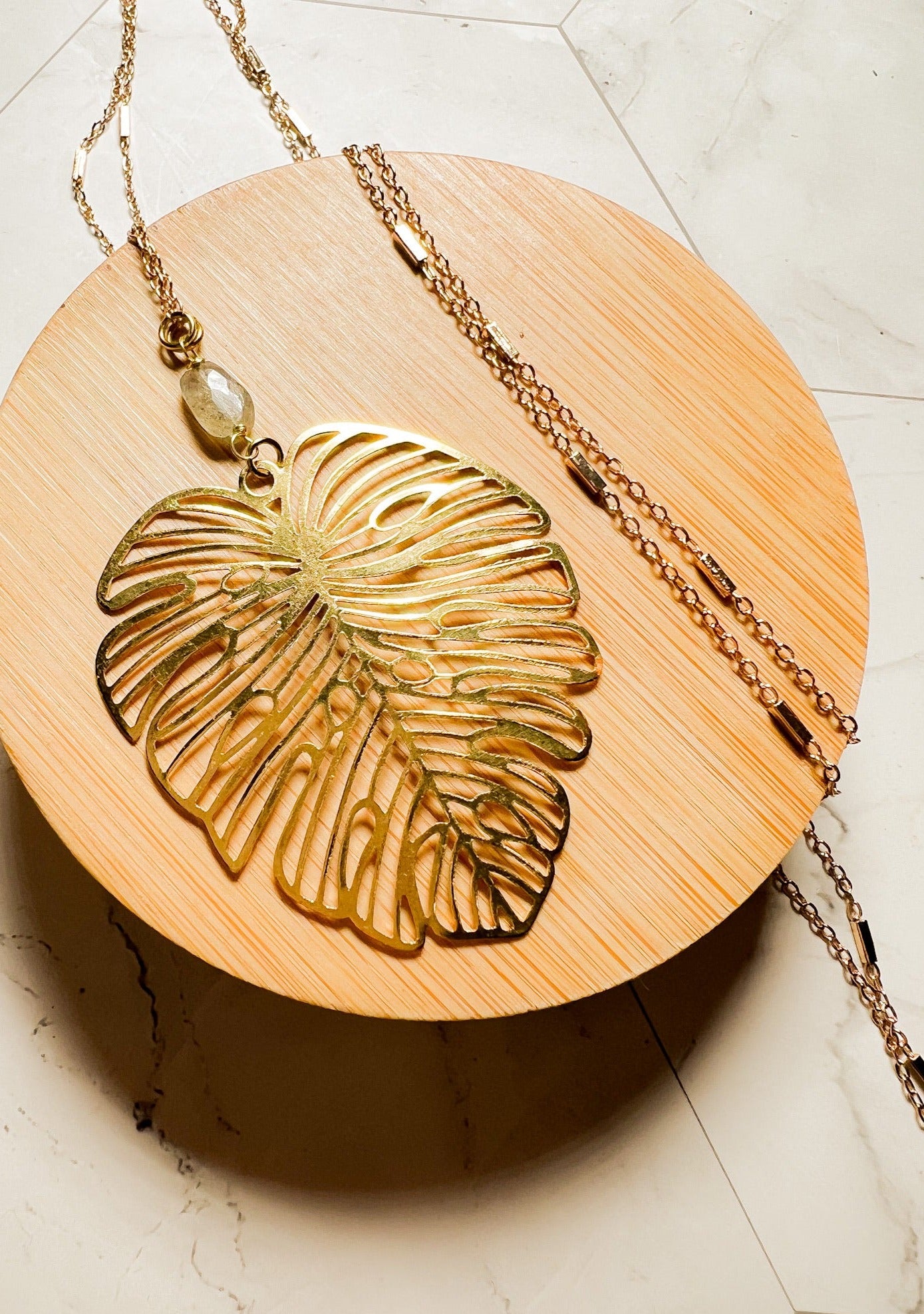 Long Monstera Leaf Necklace - Gold or Silver Plated