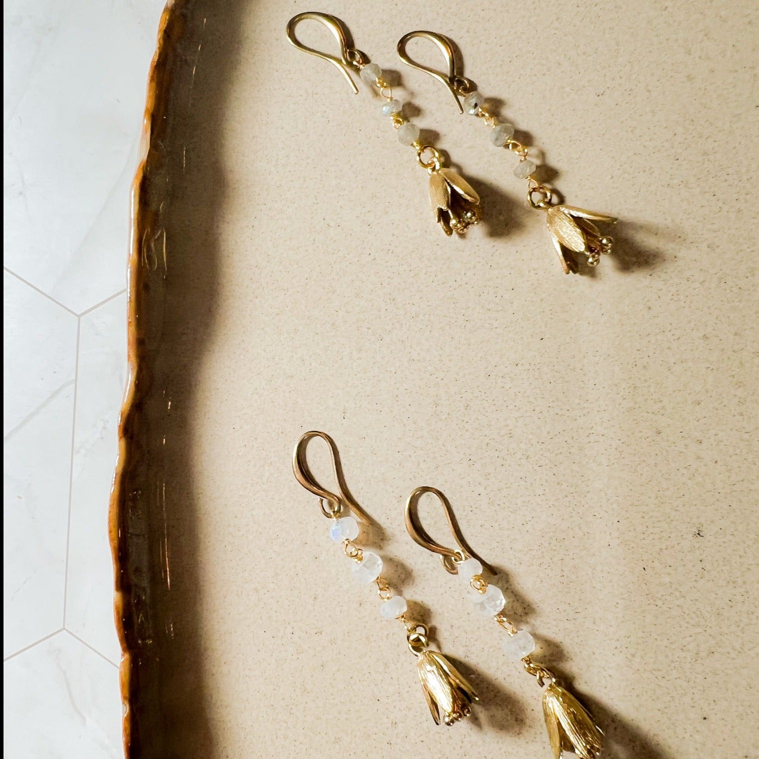 Belle: Flower Earrings on Labradorite or Moonstone Chain