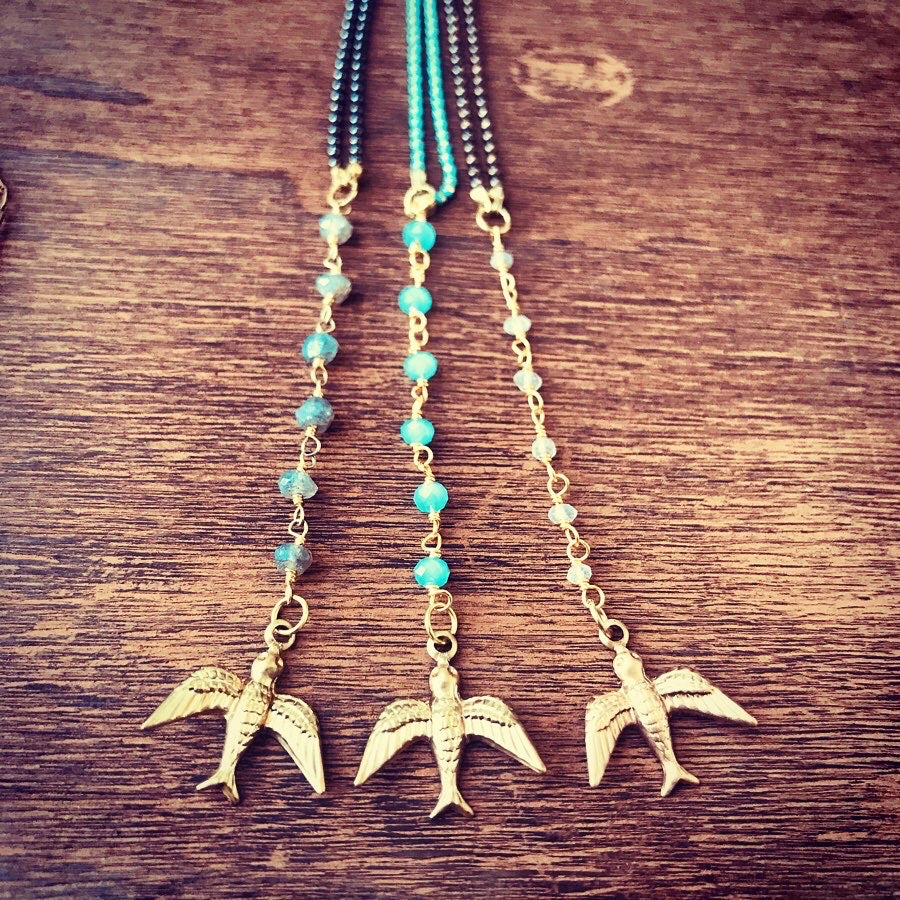 Dainty Bird Gemstone Y Necklace