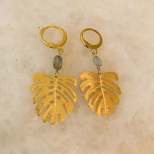 Brushed Monstera Leaf Earrings with Labradorite
