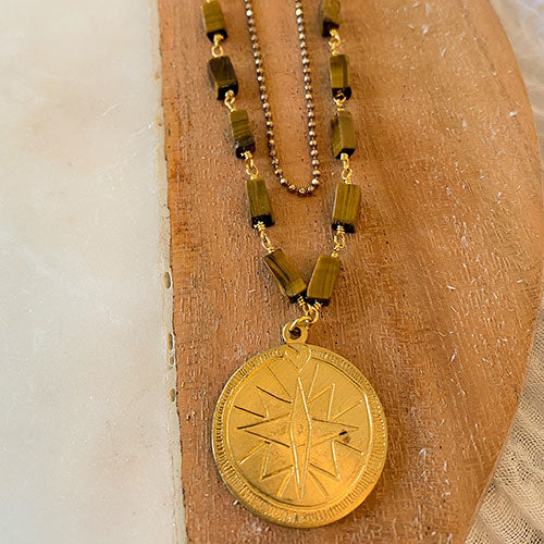 Omni: Double Layer Compass Necklace with Tigers Eye