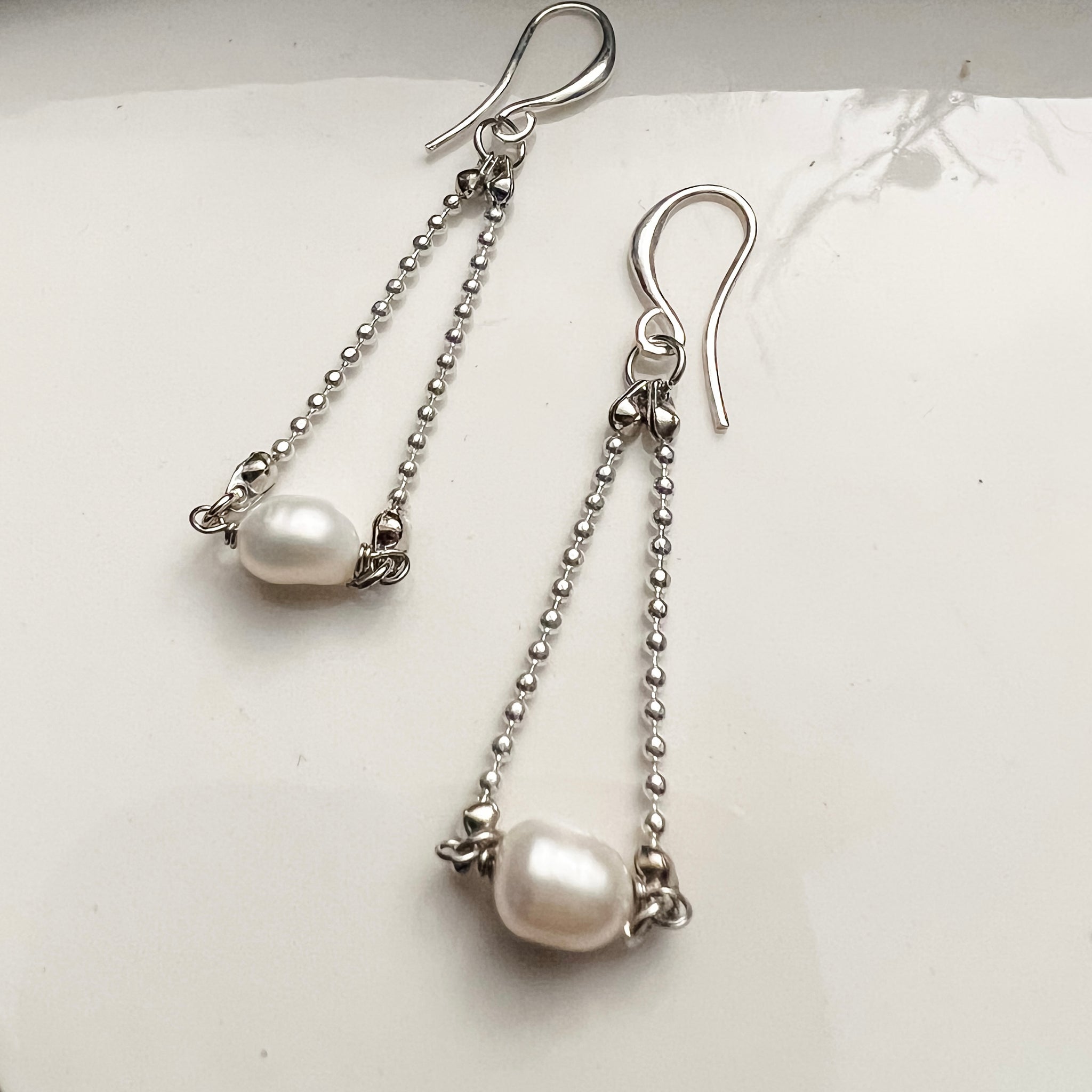 Pearl Double Chain Earring - White or Blue Pearls
