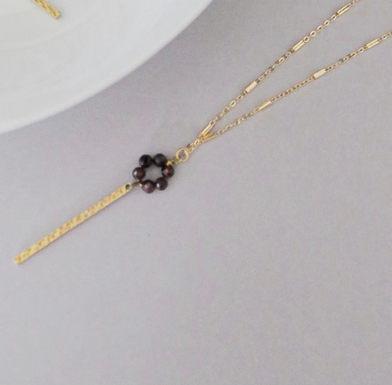 Long Hammered Bar Necklace Garnet