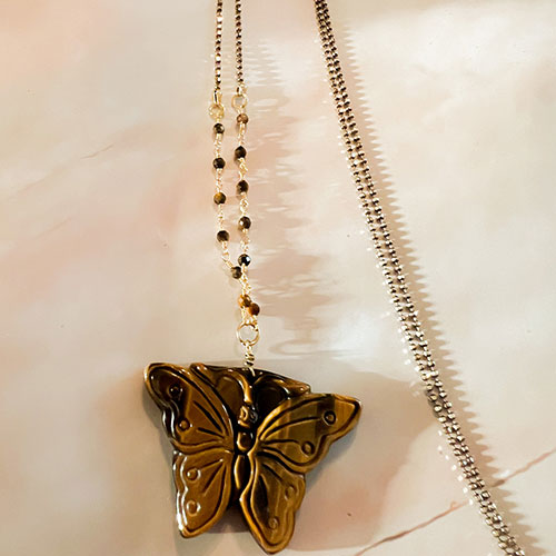 Aponi: Long Tiger Eye Butterfly Necklace