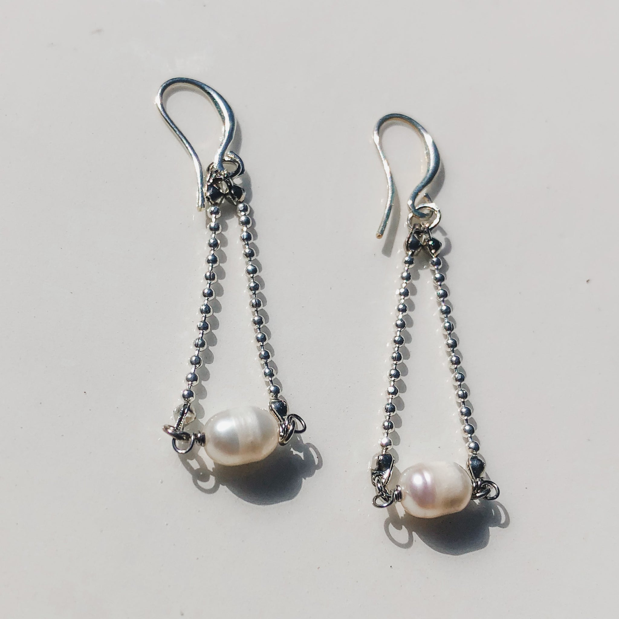 Pearl Double Chain Earring - White or Blue Pearls